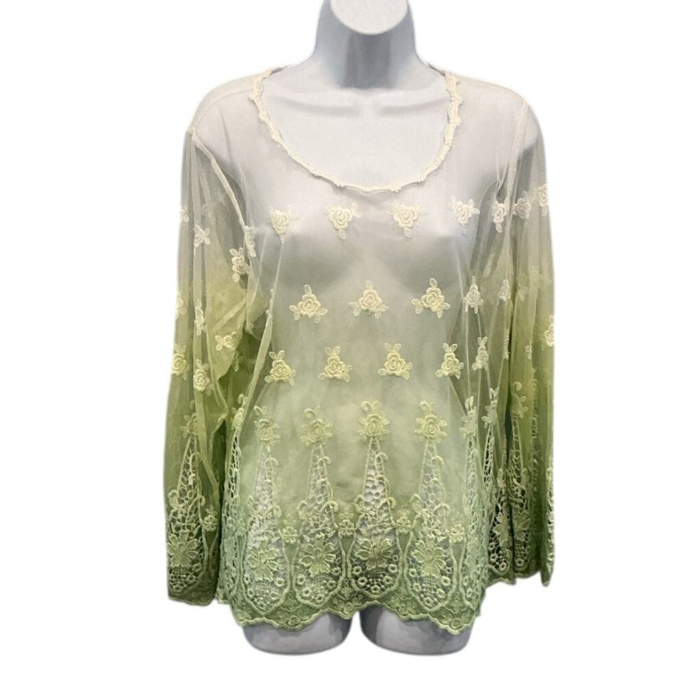 Womens Lace Fairy Top Size Large Green Crochet Floral Forest Mesh Sheer Shirt